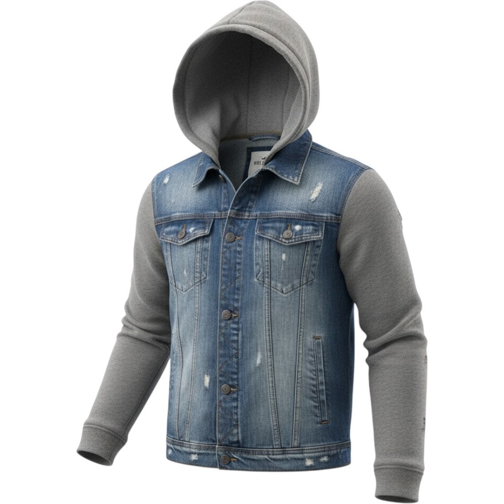 Hollister Denim Hoodie Jacket Mens M Trucker Hybrid Distressed Stretch Grunge